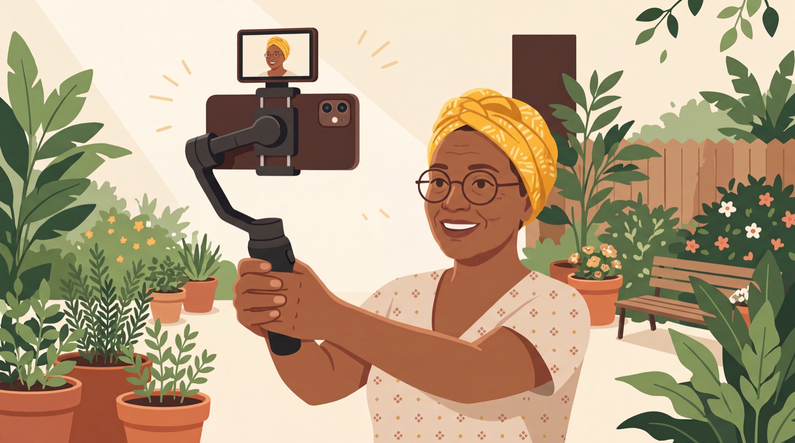 Ilustração de uma mulher de turbante amarelo e óculos, sorrindo num quintal cheio de vasos de ervas, gravando a si mesma com o celular preso no gimbal e a telinha magnética mostrando a imagem dela.