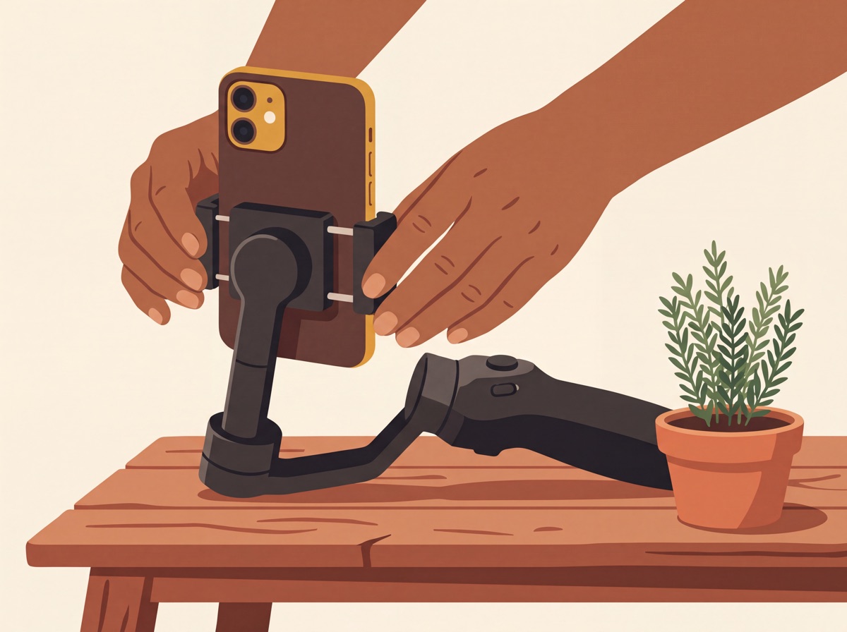 Ilustração de duas mãos encaixando o celular em pé, centralizado, na garra do gimbal apoiado numa mesa de madeira.