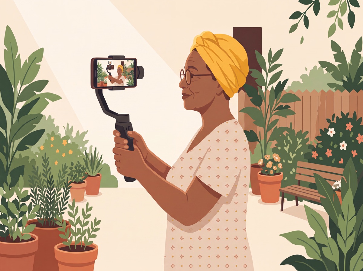 Ilustração da mulher de turbante amarelo segurando o gimbal com as duas mãos, cotovelos junto ao corpo, em postura firme no quintal.