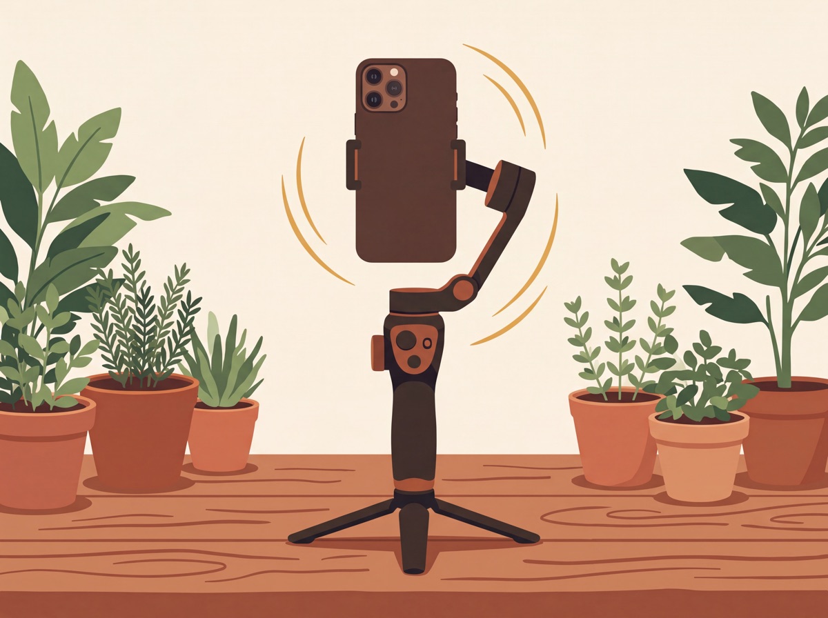 Ilustração do gimbal em pé no mini tripé sobre a mesa, com o celular nivelado e arcos dourados indicando que ele se ajeita sozinho.