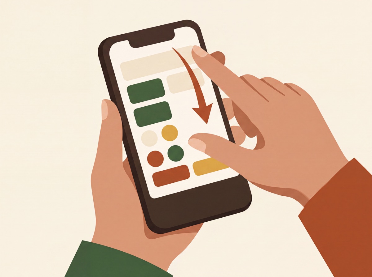 Ilustração de um dedo deslizando do canto superior direito da tela do celular para baixo, com uma seta indicando o gesto que abre a Central de Controle.