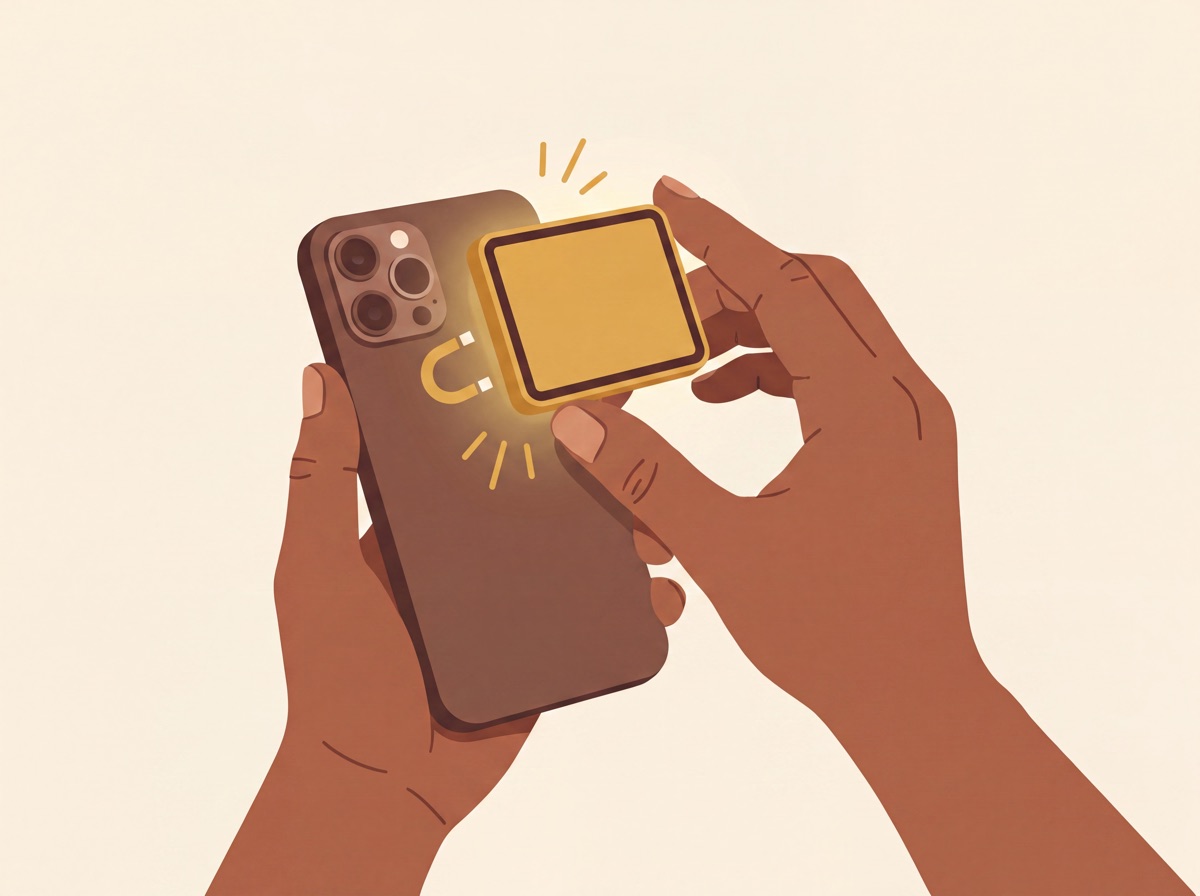 Ilustração de duas mãos aproximando a telinha das costas do celular, com traços dourados de ímã indicando o encaixe magnético.