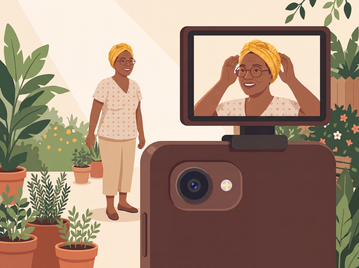 Ilustração vista por trás do celular: a câmera traseira aponta para a mulher no quintal e a telinha mostra a imagem dela ajustando o turbante.